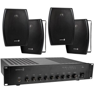 Dayton Audio DA120R 120W 70V Rack Mixer-Amplifier - (4) 6-1/2" Black 2-Way Indoor/Outdoor Speakers